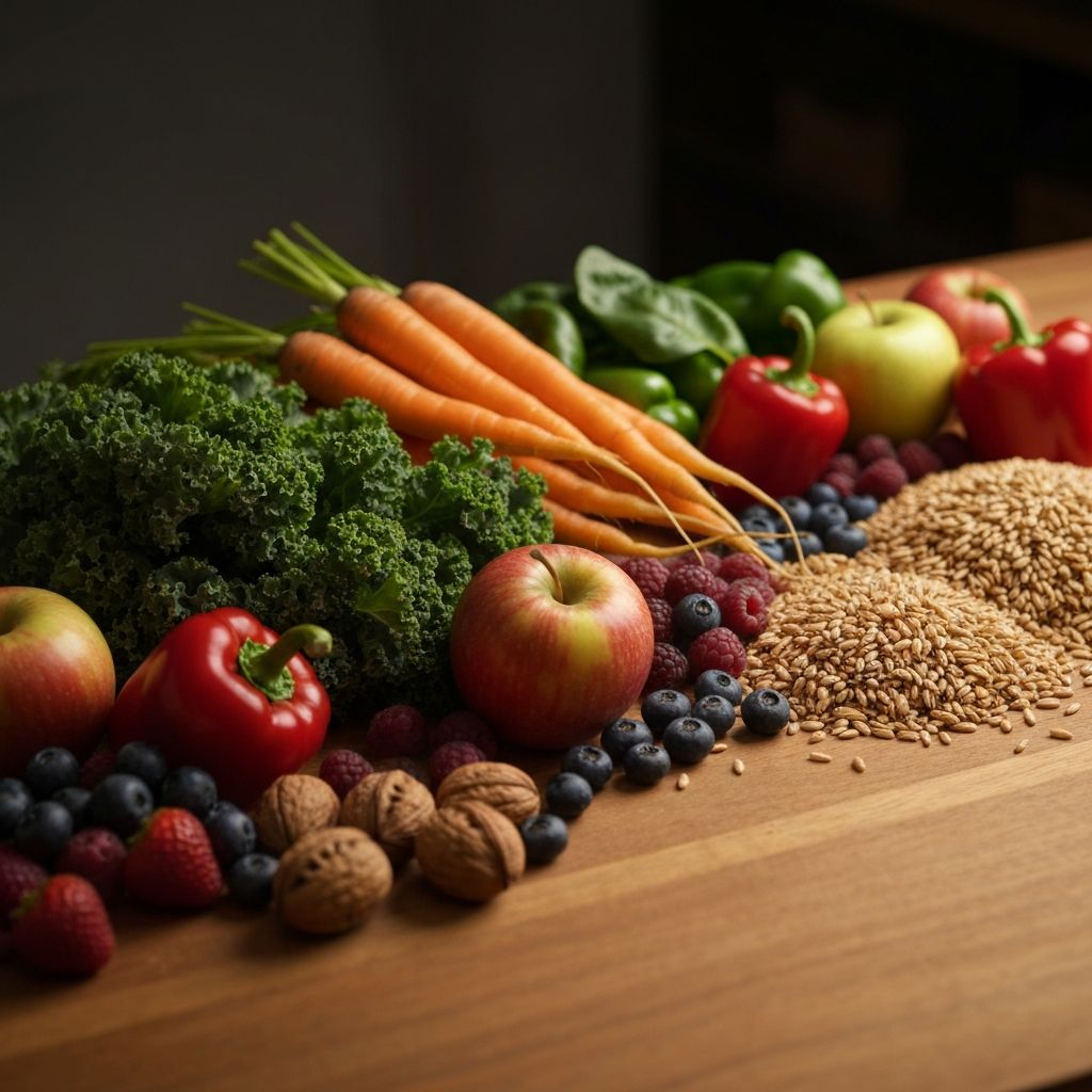 Fresh healthy foods including vegetables, fruits, and grains