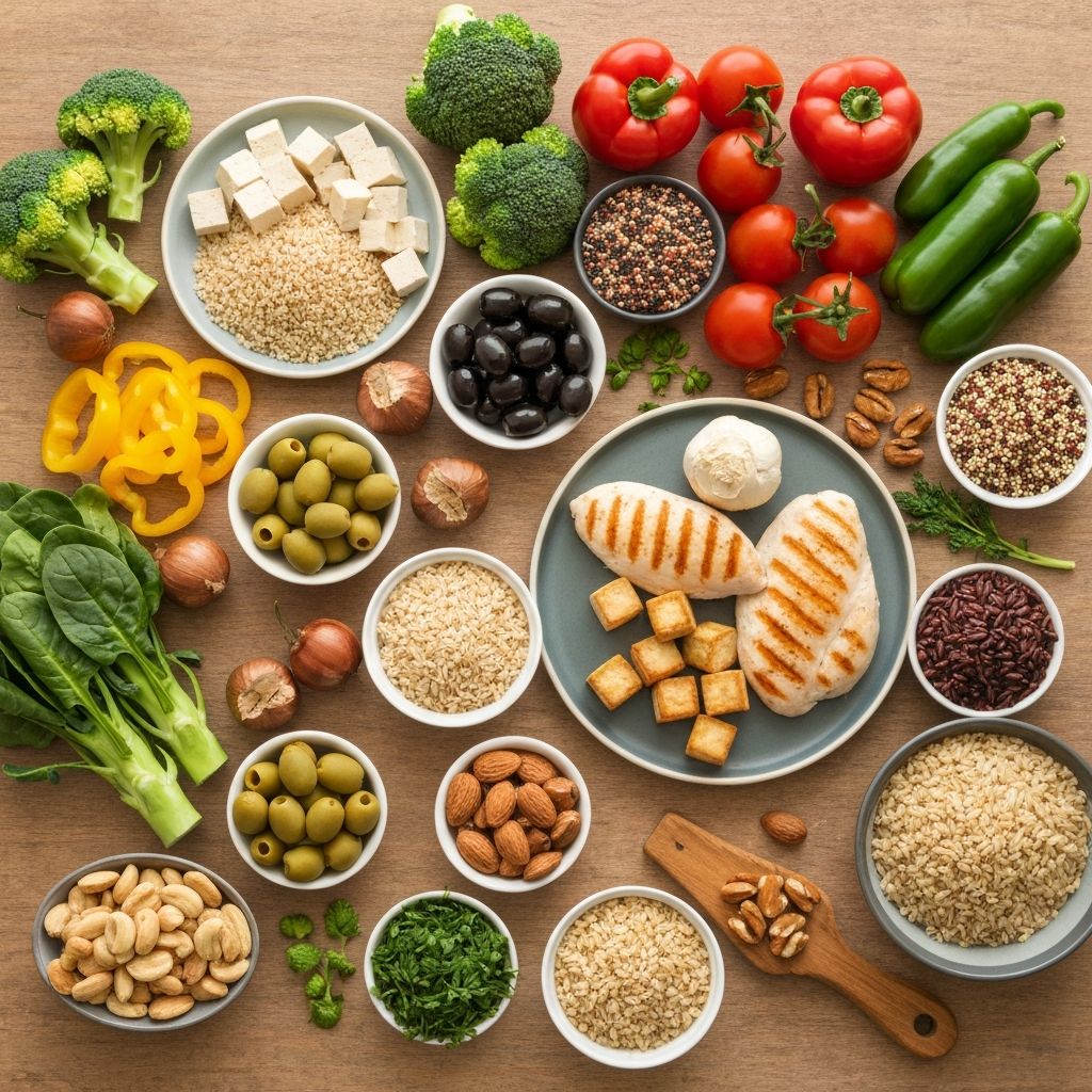 Diverse foods on table representing nutritional pyramid