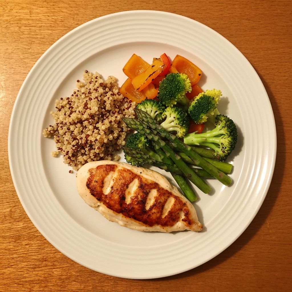 Balanced healthy meal on plate with proteins, vegetables, and grains