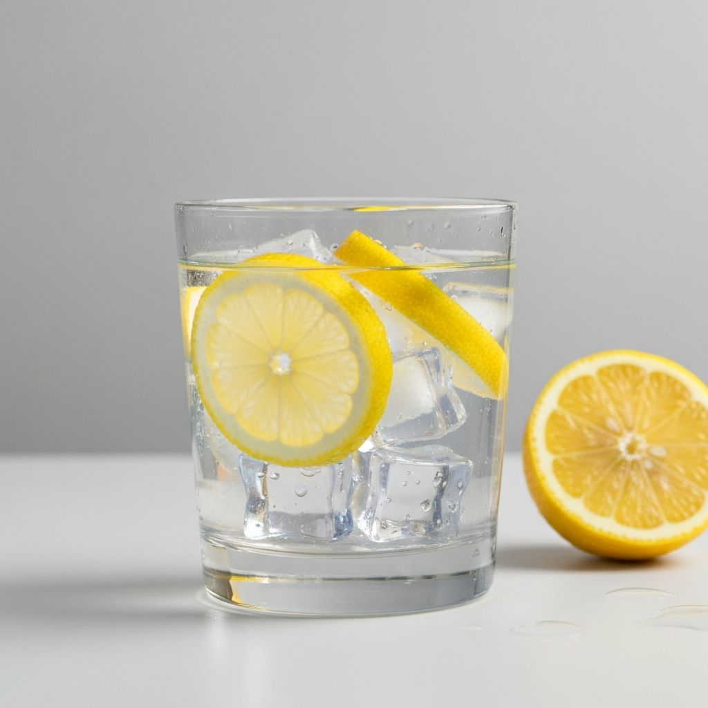 Glass of fresh water with lemon and ice